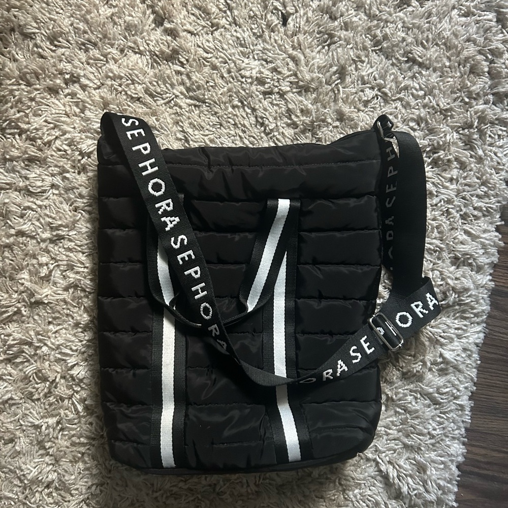 Sephora Black Quilted Travel Bag with White Stripes